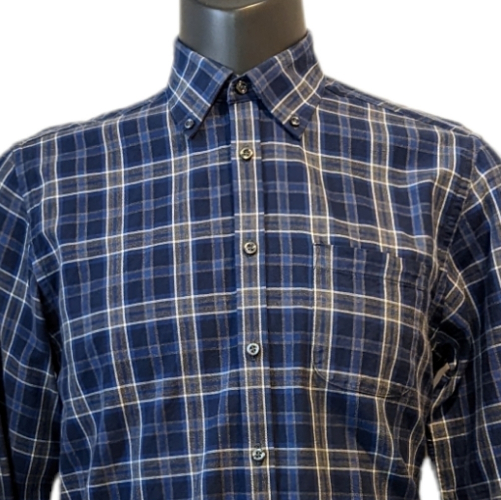 Brunn & Stengade Blue Grey Plaid Button Down Shirt sz 15 3/4